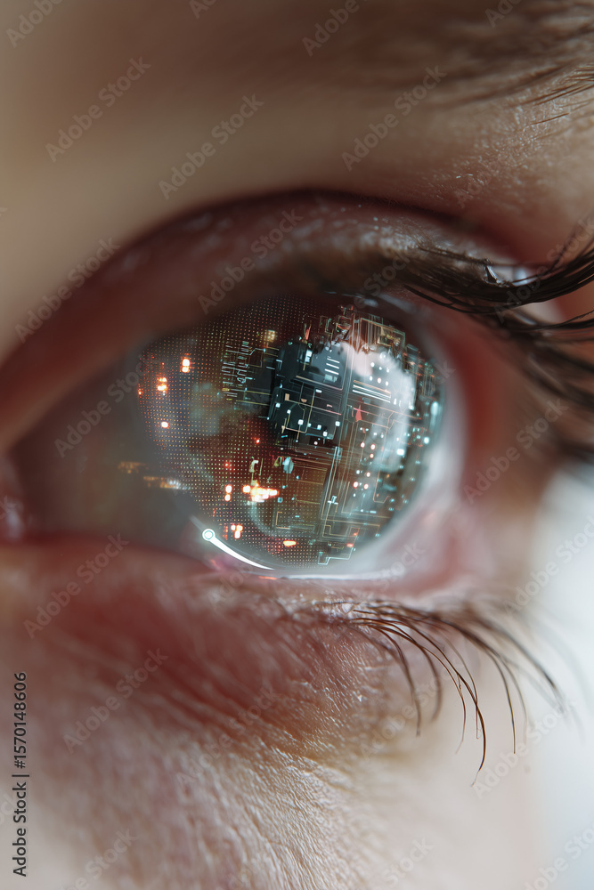 Poster close-up of smart contact lenses with ar interface projected in eye reflection, minimal futuristic b