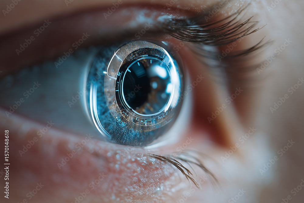 Poster close-up of smart contact lenses with ar interface projected in eye reflection, minimal futuristic b