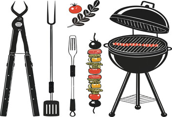 Illustration of barbeque grill with cooking tools and vegetables for summer outdoor grilling