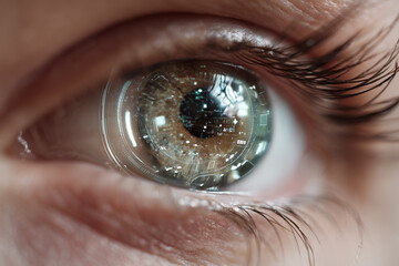 Close-up of smart contact lenses with AR interface projected in eye reflection, minimal futuristic background