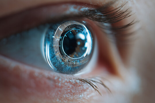 Close-up of smart contact lenses with AR interface projected in eye reflection, minimal futuristic background