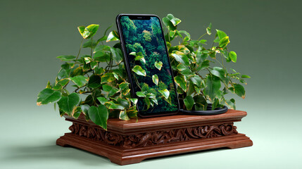 Smartphone Displaying Forest Scene with Potted Plant on Wooden Stand