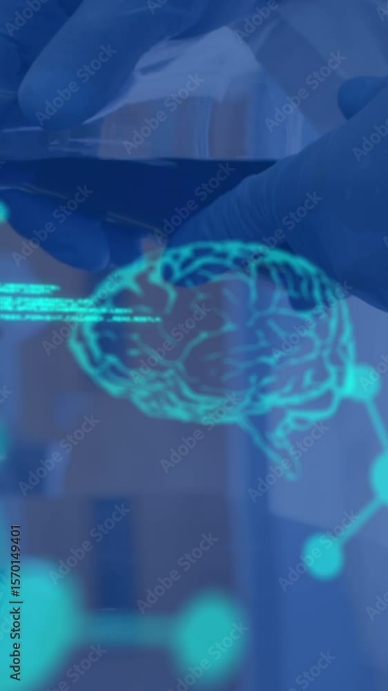 Aufkleber animation of data processing and chemical formula over scientist