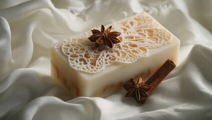 Creamy soap, delicate lace, spices on silk.  Possible use gift