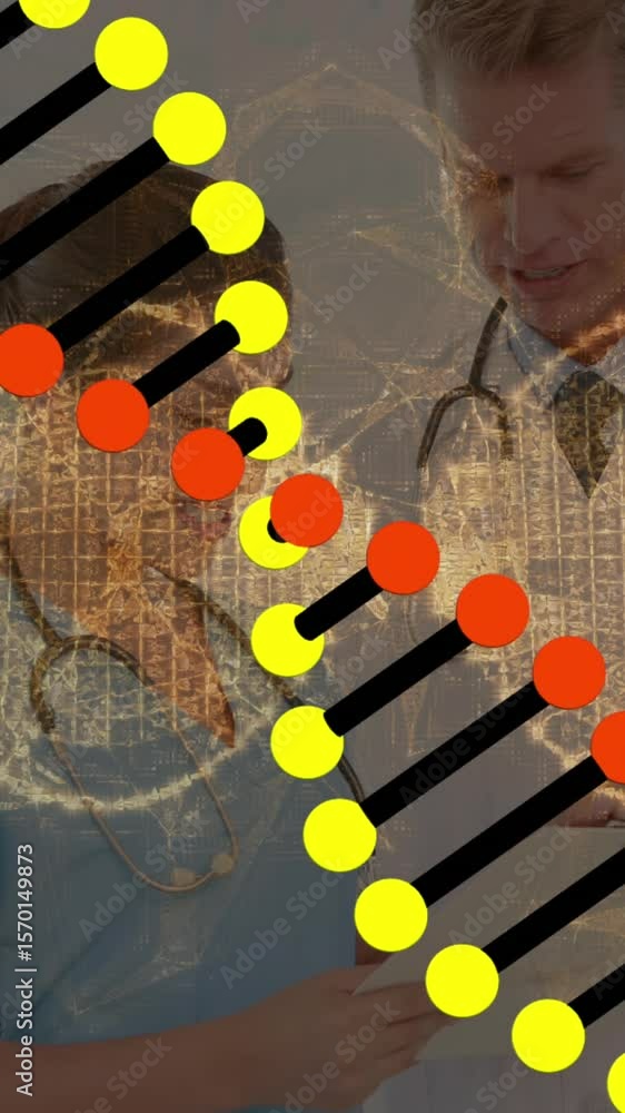 Poster animation of data processing and dna strand spinning over diverse doctors
