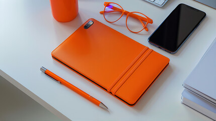 An orange notebook, pen, mobile phone and laptop on white desktop