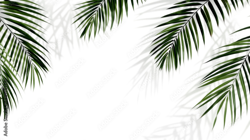 Poster palm branches shadow on white background realistic palm leaf border shadow blank mock up transparent