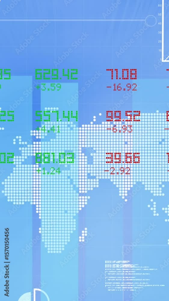 Poster animation of financial data processing and world map over blue background