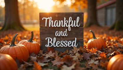 Wooden sign saying "Thankful and Blessed" in autumn farm setting  