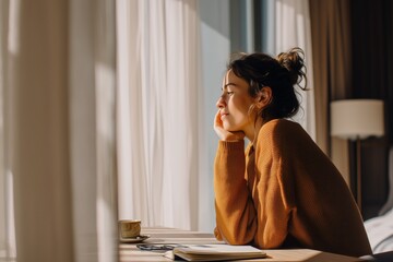 woman  looking out of window, sunlight through sheer curtains, calm neutral palette, Scandinavian design, minimal desk with notebook and coffee