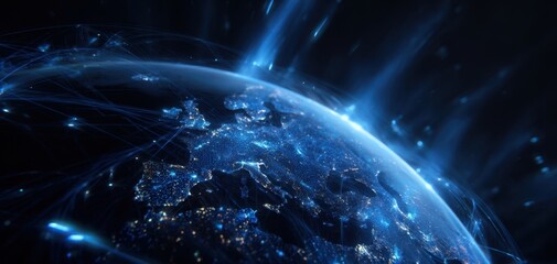 The Earth illuminated by digital connections and advanced technology at night.