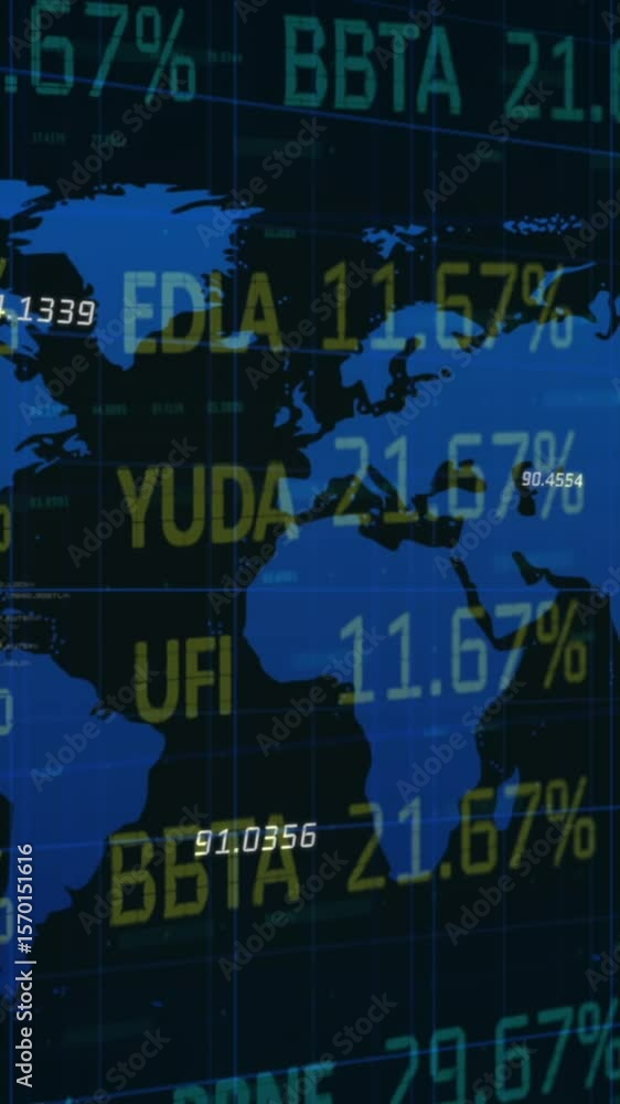 Poster animation of statistics and numbers, financial data processing over world map