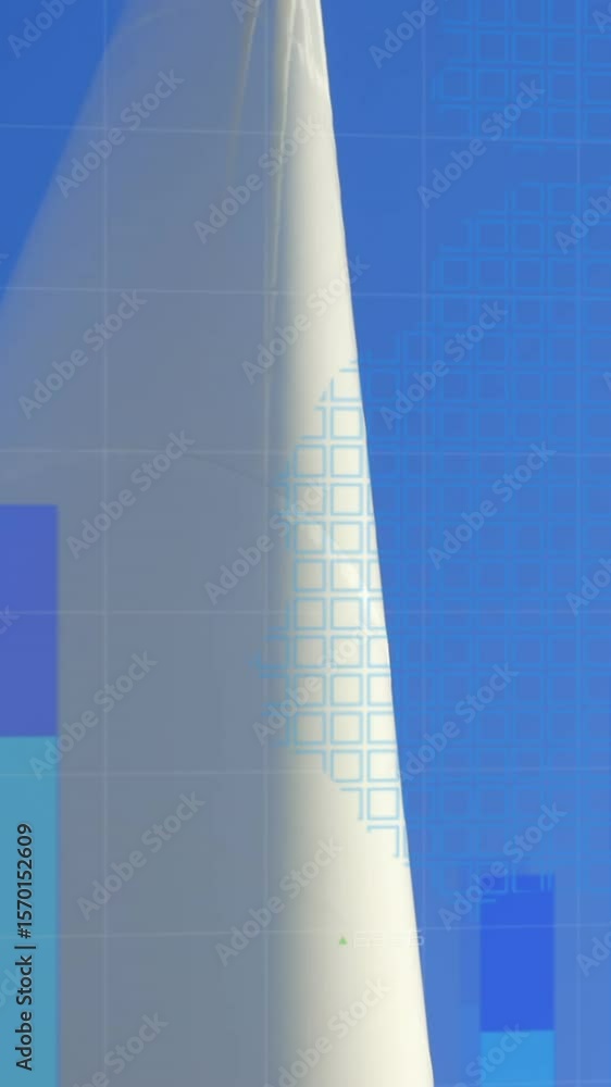 Poster animation of financial data processing over caucasian engineer and wind turbine