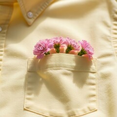 Pink flowers in yellow shirt pocket close-up with soft light and texture