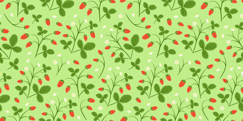 Cute green seamless pattern with wild strawberries, leaves and flowers. Natural summer background with garden or forest berries. Perfect for kids clothes, giftware, womenswear, wrapping paper, etc.