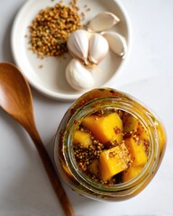 Homemade mango pickle with garlic and spices in a jar on marble surface