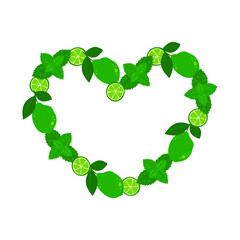 Heart shape frame with mohito ingredients. Summer frame with mint and limes and empty space for text.