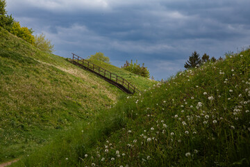 Wooden Steps on Historic Merkine Mound Amidst Dandelions