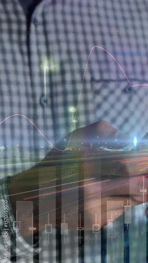 Poster animation of graphs over hands of caucasian man using smartphone