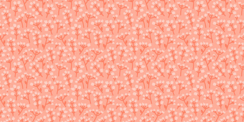 Delicate seamless pattern with petite meadow flowers in soft pink colors. Tranquil floral summer background.