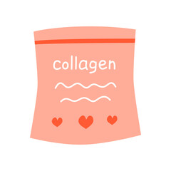 Flat beauty collagen supplement packet isolated on white background. Drinking collagen powder icon. Feminine anti aging product. Skin health concept.
