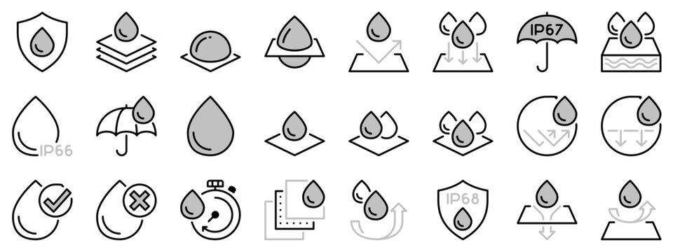 Icons in two tones about waterproof and absorbency