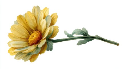 Watercolor illustration clipart of a single wild chamomile flower with soft yellow petals