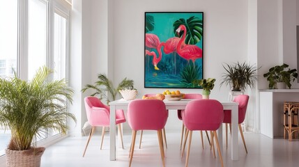 Stylish dining room with pink chairs and flamingo artwork in modern white interior