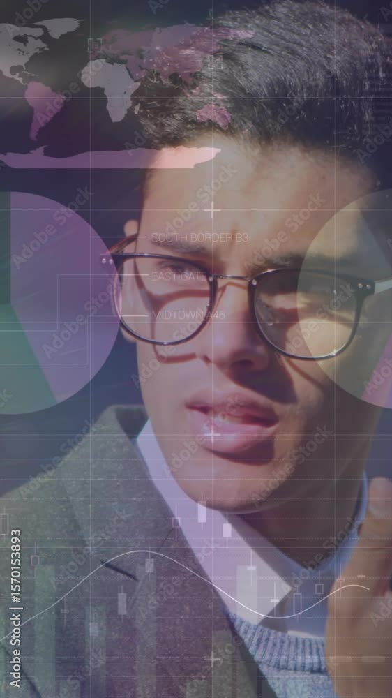 Poster animation of graphs over caucasian businessman using smartphone