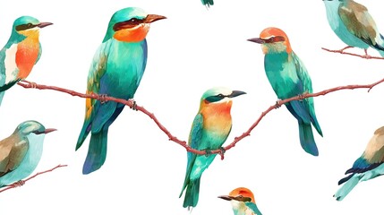 Naklejka premium Colorful birds on branches against white background