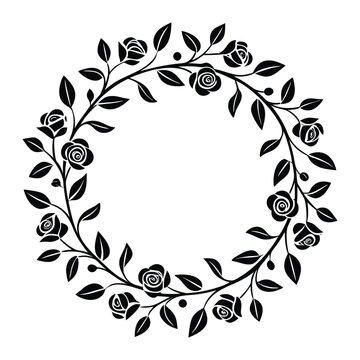 Rose Wreath Silhouette Frame &ndash; Circular Floral Border with Vines and Buds