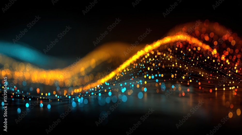 Poster Vibrant particles create rhythmic waves of light in a dark setting. The colors transition smoothly, creating an alluring visual effect that captivates the viewer's attention.