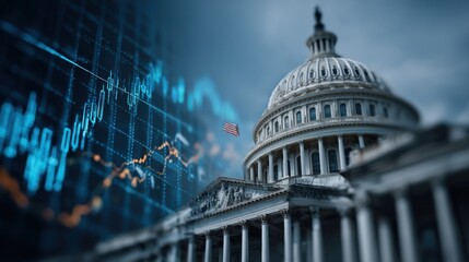 Graphs displaying financial trends overlay the iconic United States Capitol in Washington, D.C., highlighting the intersection of politics and economics during a cloudy day.