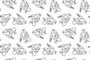Fototapeta premium Seamless Bakery pattern. Black White Bakery Premium logo print. Bakery script lettering with grain ear sketch. Bakery shop bread design. Repeated Background for wallpaper, wrapping, packing, textile