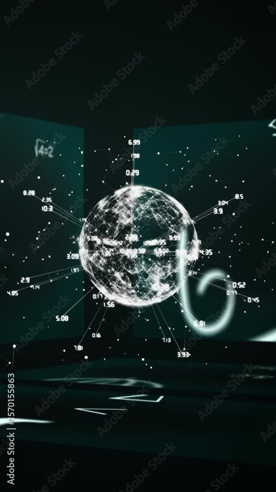 Poster animation of globe with data processing over mathematical equations on black background