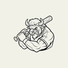 Buffalo mascot logo design vector silhouette version. Illustration of a buffalo carrying a baseball bat.