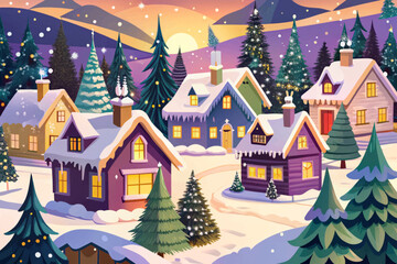 Winter Village in Snow with Warm Lights cartoon Cozy Holiday Theme Vector