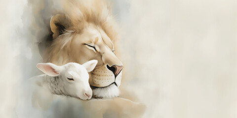 White Lamb and Lion Lying Together, Bible Concept Watercolor Illustration