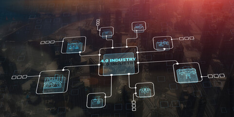 Industry 4.0 Smart technology concept. Automated machinery controlled via internet network