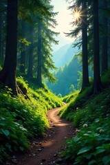 Winding Mountain Trail Through Lush Forest Sunlight Dappling Canopy An Adventurous Nature Scene Perfect for Hiking and Exploration