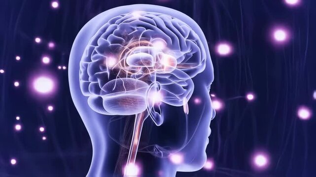 Transparent skull reveals bright thalamus and detailed brain cortex lines, cortex pulse grows clearer, imaging grid maps cortex rhythm. Concept neural imaging
