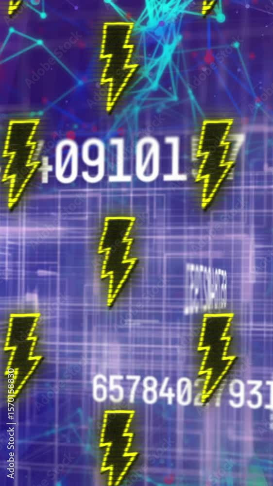 Poster animation of lightning and network of connections over grid and data processing