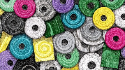 the composition features a collection of differently colored circular shapes and square pieces, seemingly piled together with some overlap