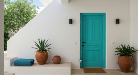 Teal Door and Mediterranean Plants Exterior Design Inspiration
