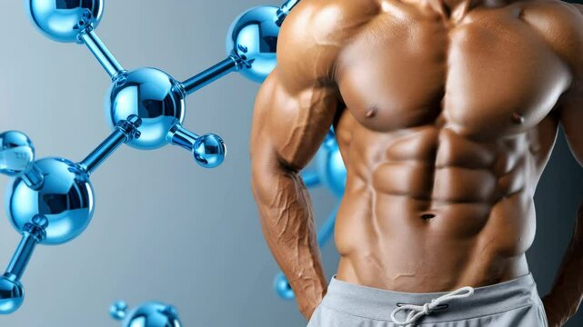 Growth hormone somatropin HGH, muscular male torso, peptide molecule background, bodybuilding concept, fitness science, anabolic therapy, biotechnology design, health innovation