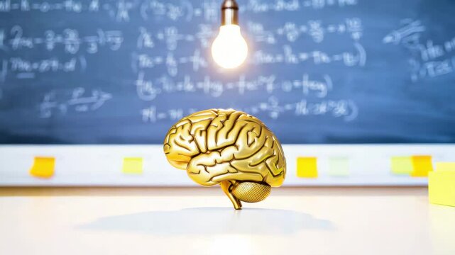 Golden brain with light bulb, education and creativity concept, knowledge innovation, chalkboard background, intellectual idea, academic inspiration, science learning, futuristic  - Powered by Adobe
