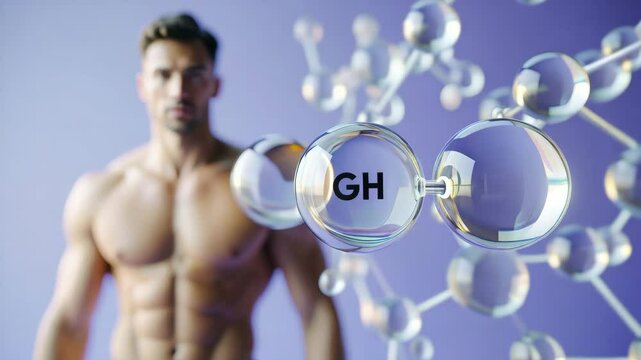 Muscular man with growth hormone somatotropin molecular structure on purple background
