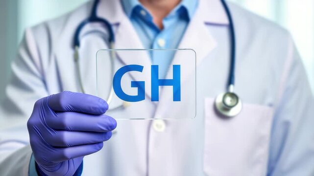 Doctor holding GH sign, growth hormone healthcare, medical treatment concept, hormone therapy background, endocrinology professional design, health specialist with gloves, modern clinical scene