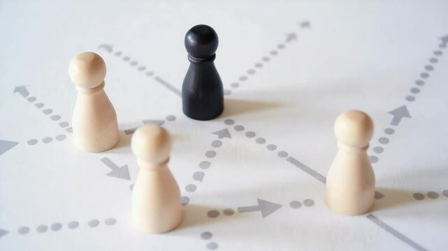 Black pawn among white pawns, leadership individuality concept, strategy decision making, unique figure difference, teamwork direction background, business choice design, diversity inclusion idea