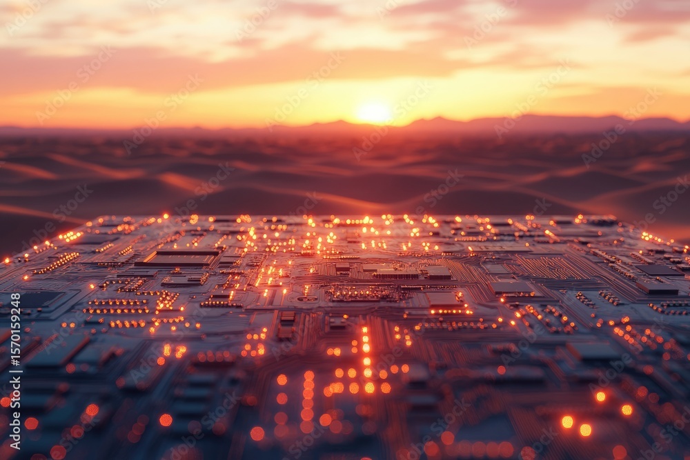Poster sunset over a vast, illuminated circuit board, symbolizing technological advancement in a boundless 